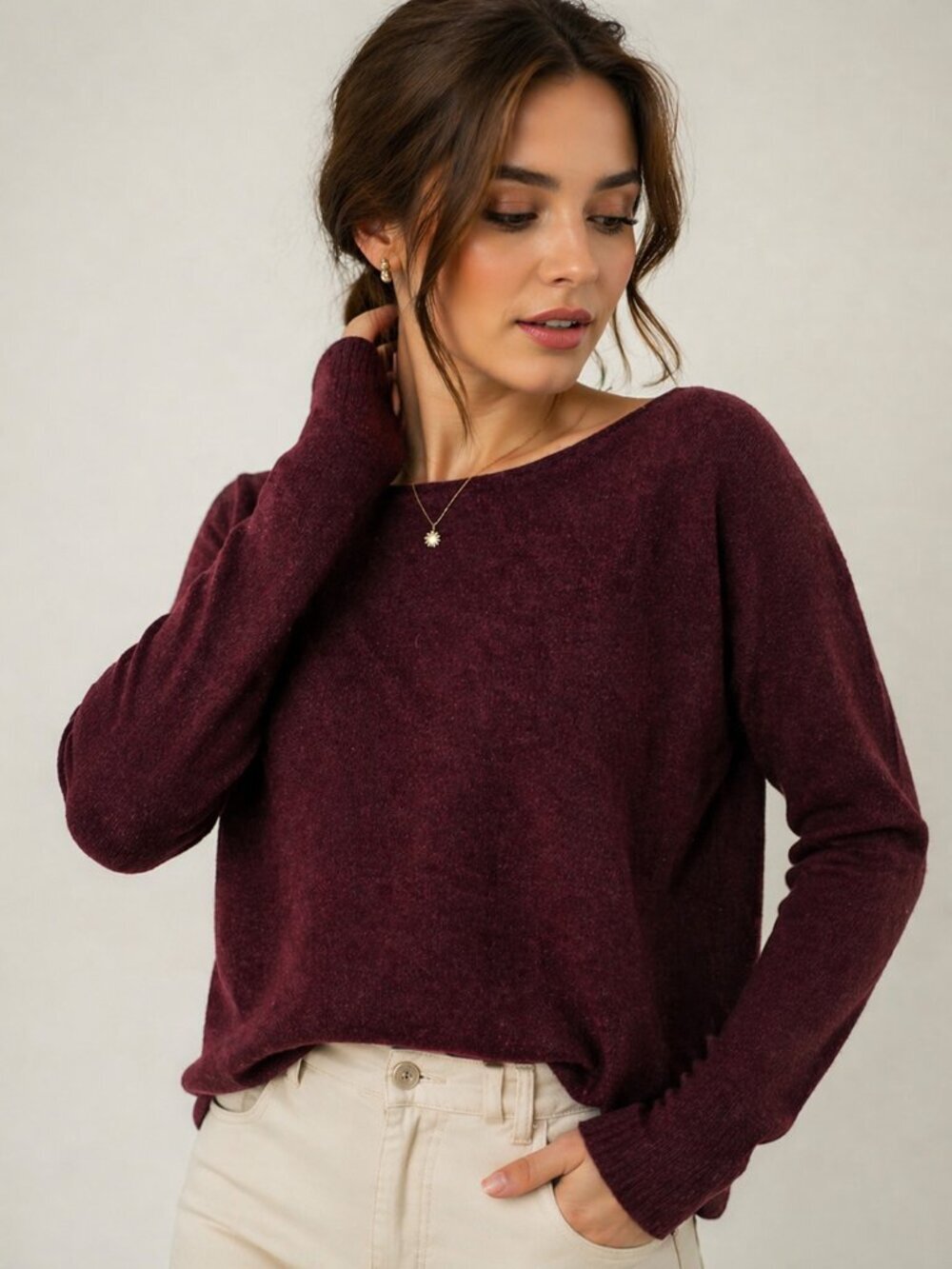 Naadam 100% Cashmere Sweater Burgundy Crew Neck Lightweight Knit Women Size S